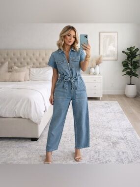 Kittenish Light Wash Denim Jumpsuit with Tie Waist Sz Lg Cottage Core Festival